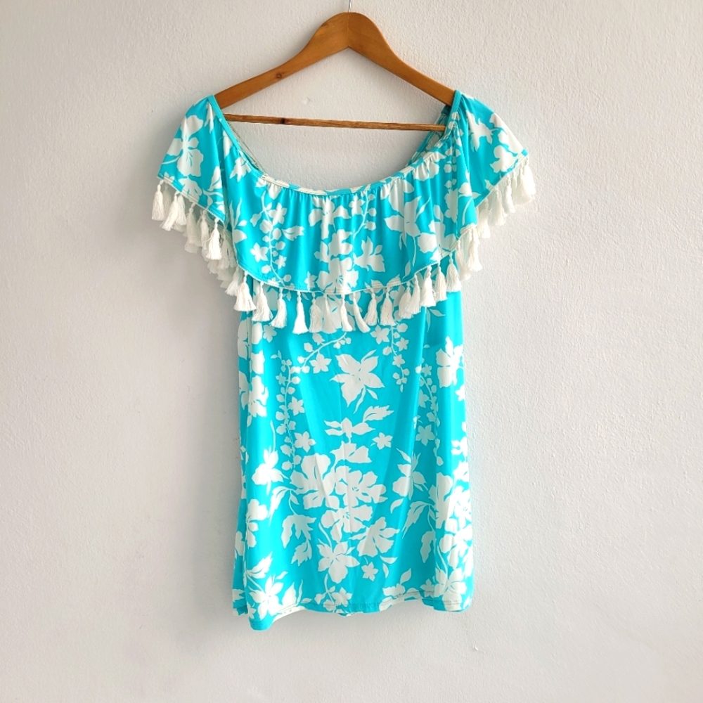 NWOT MICHAEL Michael Kors Off Shoulder Blue White Floral Beach Cover Up Small